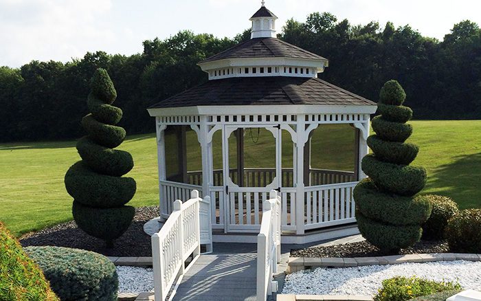 Beautiful Octagon Pagoda-top Gazebo delivered to our customer's prepared site. She already had the path and bridge in place.